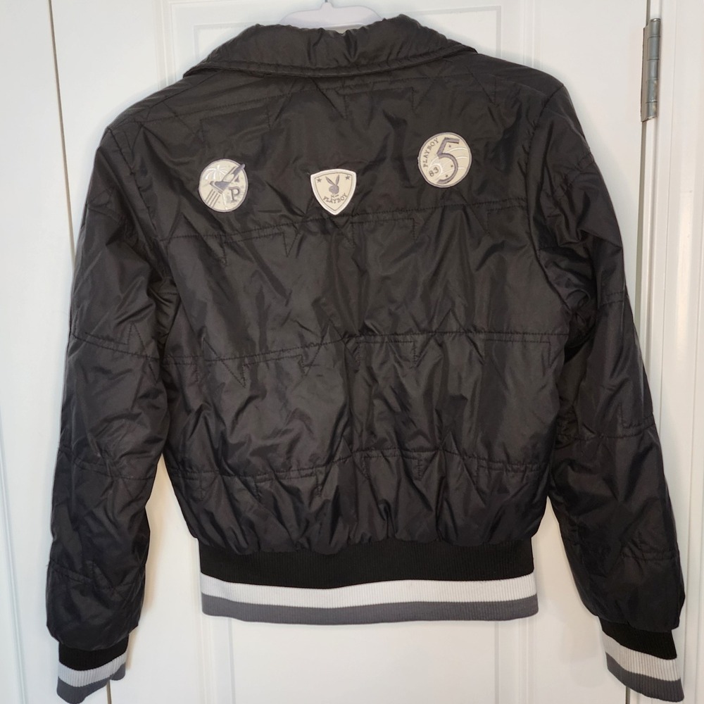 Playboy Jacket Black Bomber Style Quilted Rabbit Logo Patches Women's - Picture 2 of 12